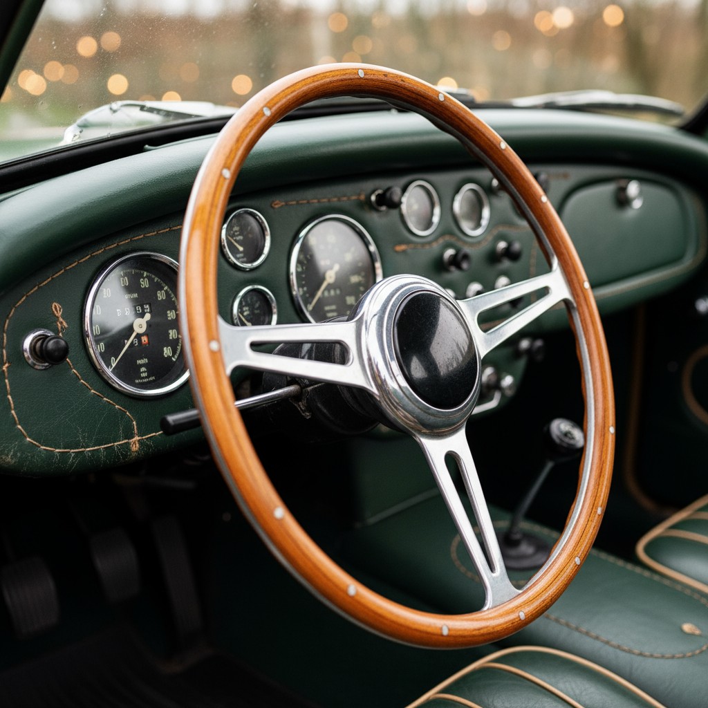 A vintage car interior with a focus on the steering wheel situated in front of a meter cluster. The cluster features gauge...