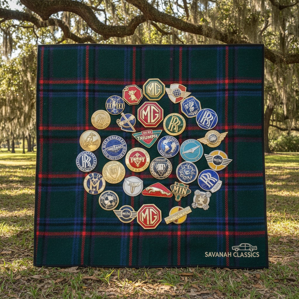 This image depicts a plaid blanket with RM badges displayed in the center.