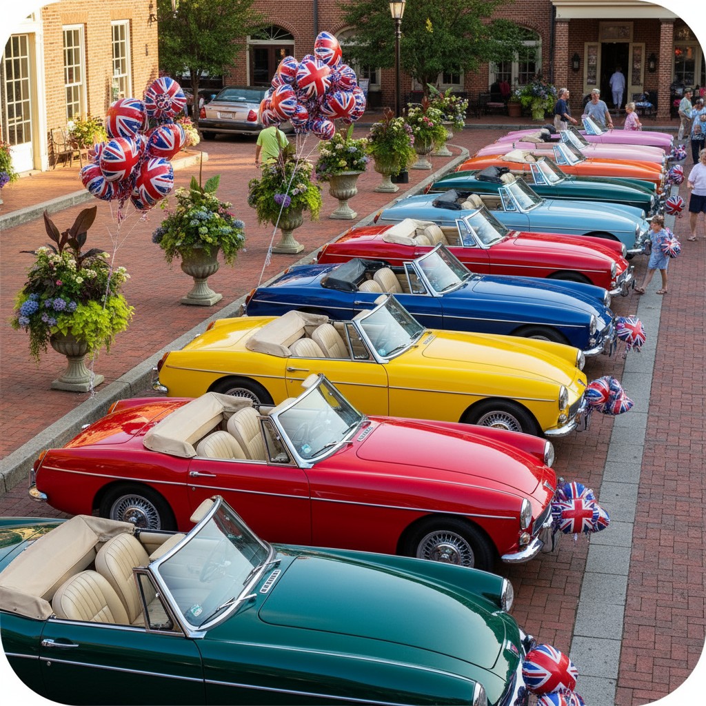 A line of vintage British sports cars in various colors, parked on a street with clusters of Union Jack balloons and flora...