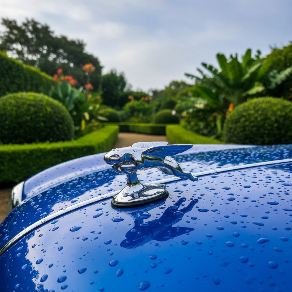 A close-up image of the hood ornament and car, blurred/distorted foreground and bushes. The image takes up the entire liqu...